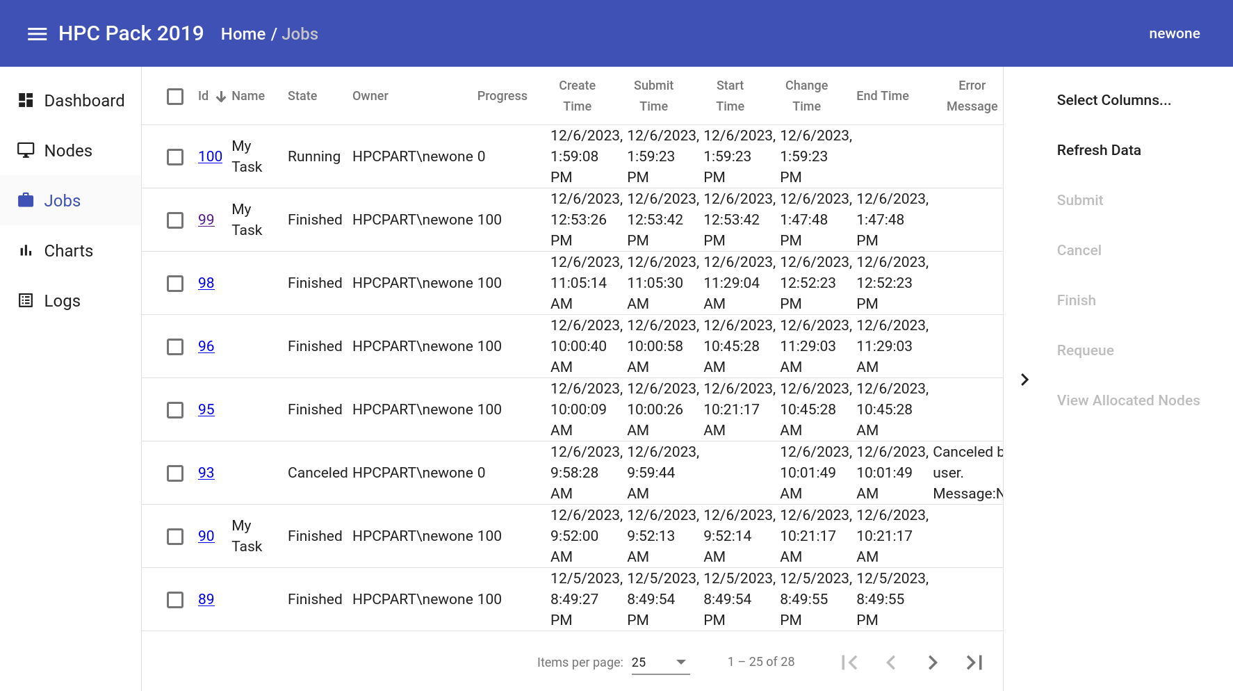 MS HPC Pack Admin Portal Jobs