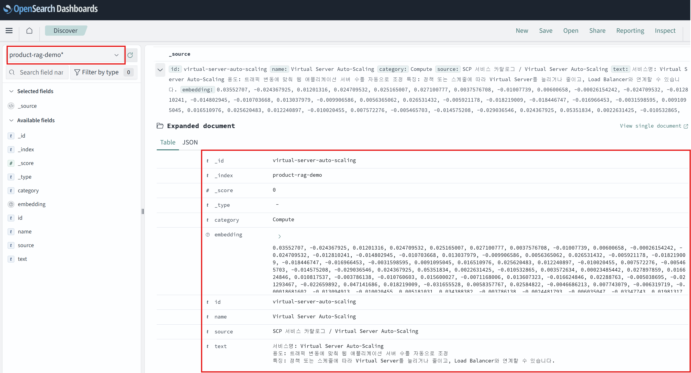 View documents in the product-rag-demo index in OpenSearch Dashboards